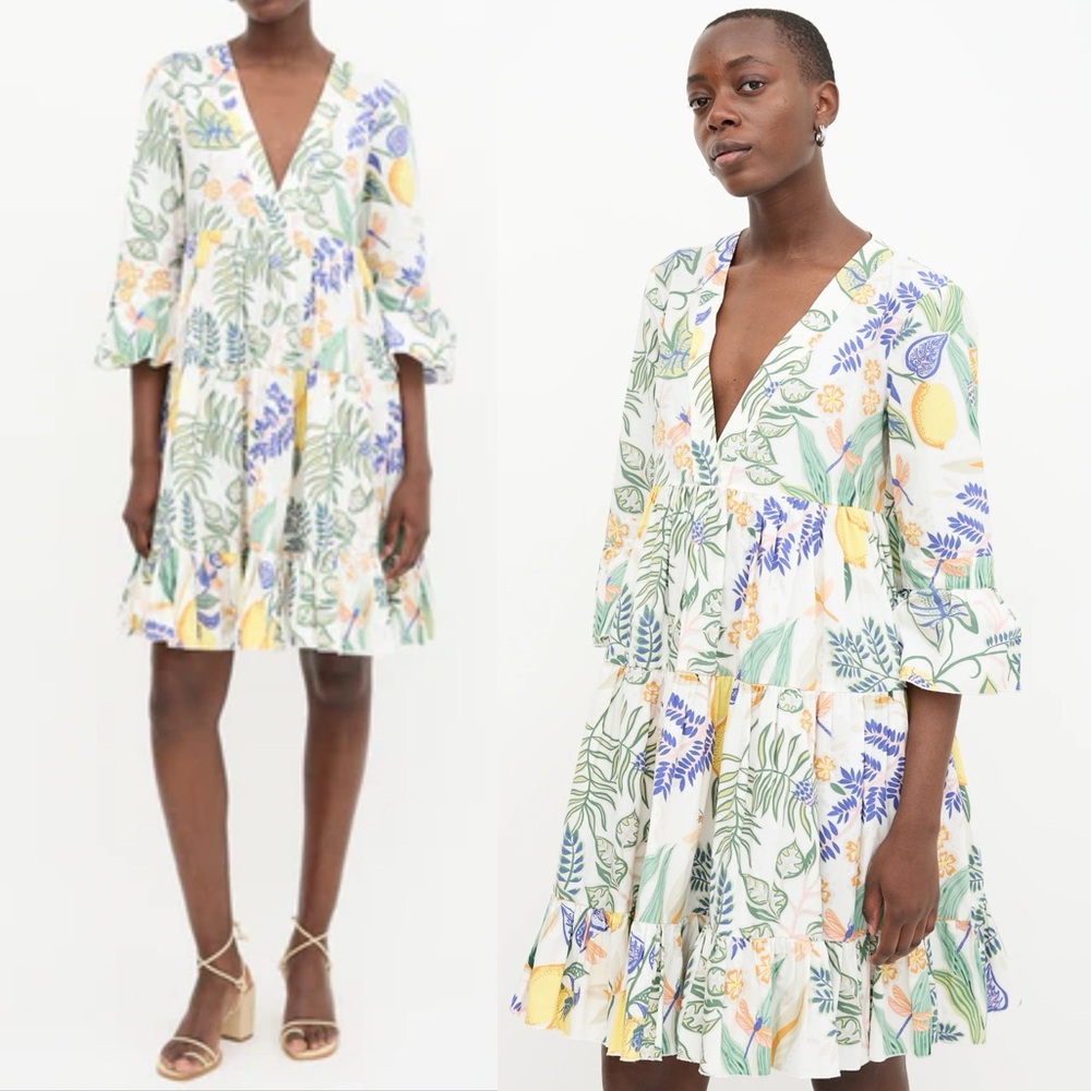 LA DoubleJ Short Jennifer Jane Dress Botanical Floral Print Poplin Medium $780